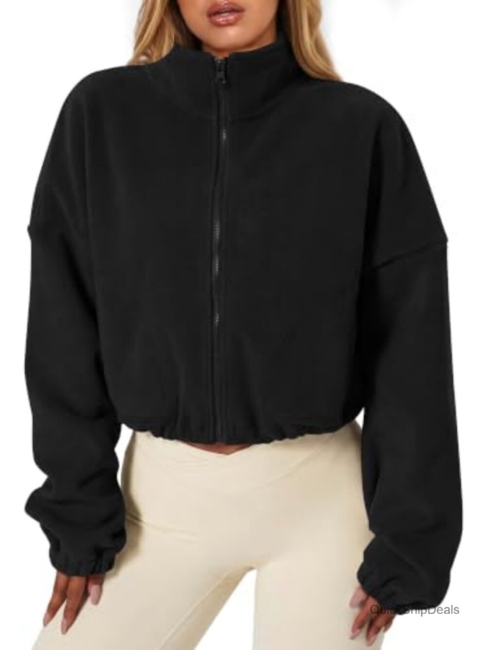 Women's Cropped Fleece Jacket Full Zip Stand Collar Sherpa Coats